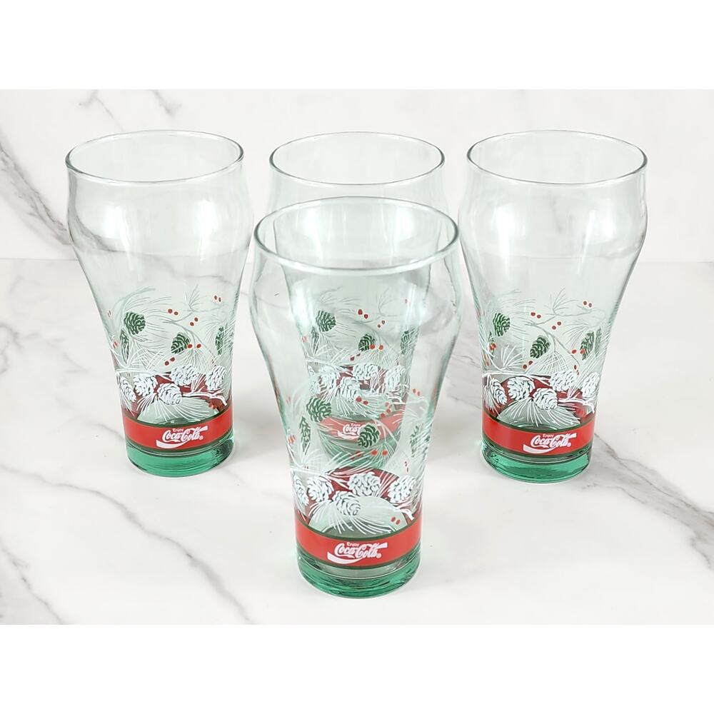 Libbey Coca Cola Christmas Green Glass 16oz Bell Shaped 6" Holiday 90s x4 Vtg
